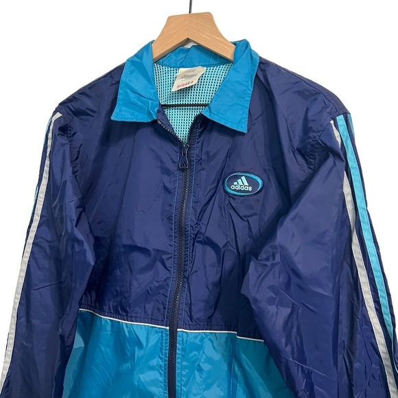 ADIDAS Vintage 90's Three Stripe Full Zip Blue Color Block Windbreaker Size S - Picture 6 of 13